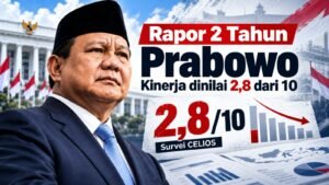 Survei CELIOS Beri Prabowo Skor 2,8 dari 10 Infografis - Rapor Prabowo dalam 2 tahun berkuasa. (Pic: DX Gen-ai)